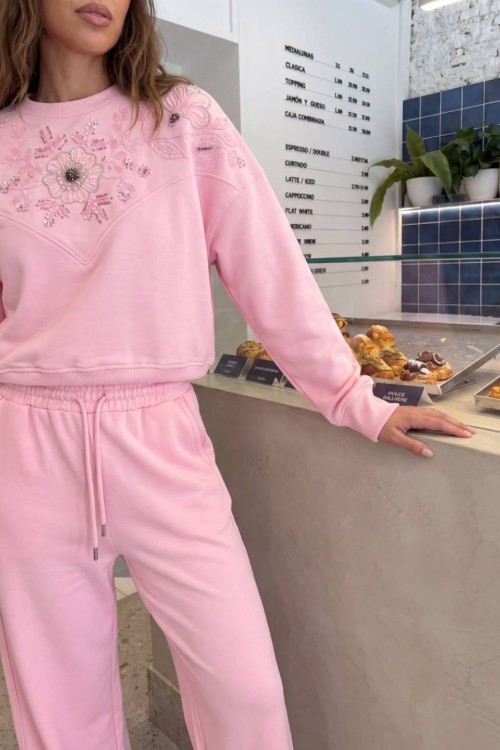 OMUZ ÇİÇEK İŞLEMELİ SWEATSHİRT  Pembe