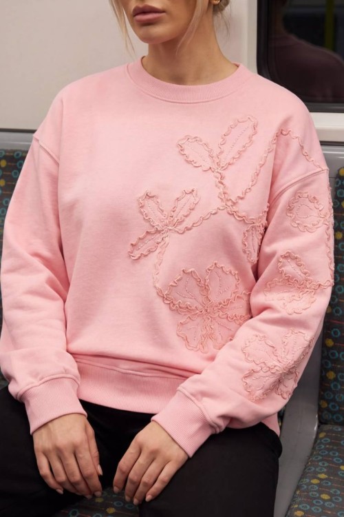 SOL TARAF VE KOL FIRFIR ÇİÇEKLİ SWEATSHİRT  Pembe