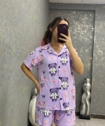 DÜĞMELİ ÇOKLU AYICIKLI ŞORTLU PİJAMA TAKIMI  Mor
