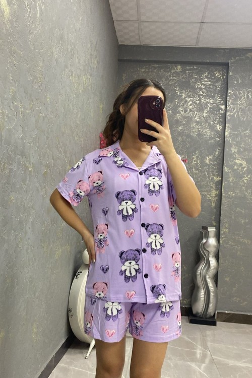 DÜĞMELİ ÇOKLU AYICIKLI ŞORTLU PİJAMA TAKIMI  Mor