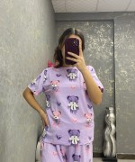 BİSİKLET YAKA ÇOKLU AYICIKLI ŞORTLU PİJAMA TAKIMI  Mor