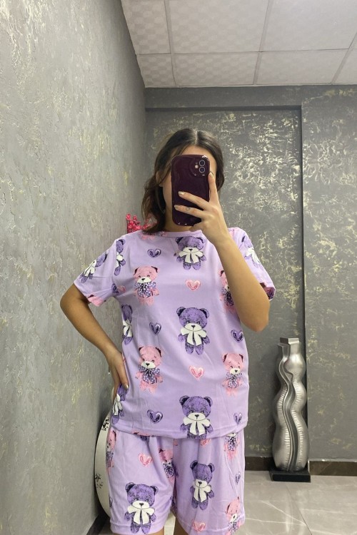 BİSİKLET YAKA ÇOKLU AYICIKLI ŞORTLU PİJAMA TAKIMI  Mor