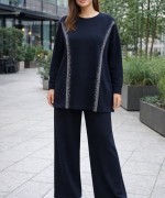 Yan taş detay tesettürlü ikili takım  Siyah