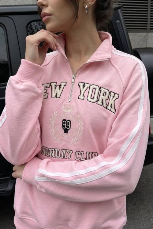 YARIM FERMUAR NEW YORK SWEATSHİRT  Pembe