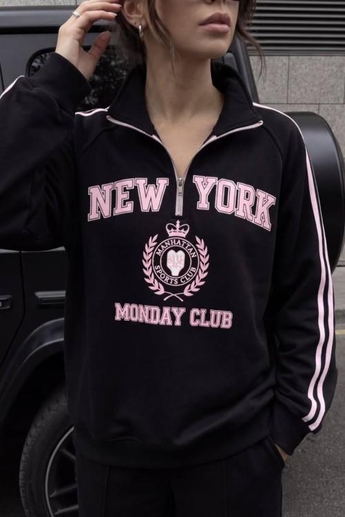YARIM FERMUAR NEW YORK SWEATSHİRT  Siyah