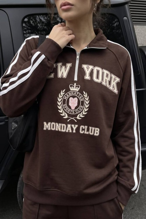 YARIM FERMUAR NEW YORK SWEATSHİRT  Acı Kahve