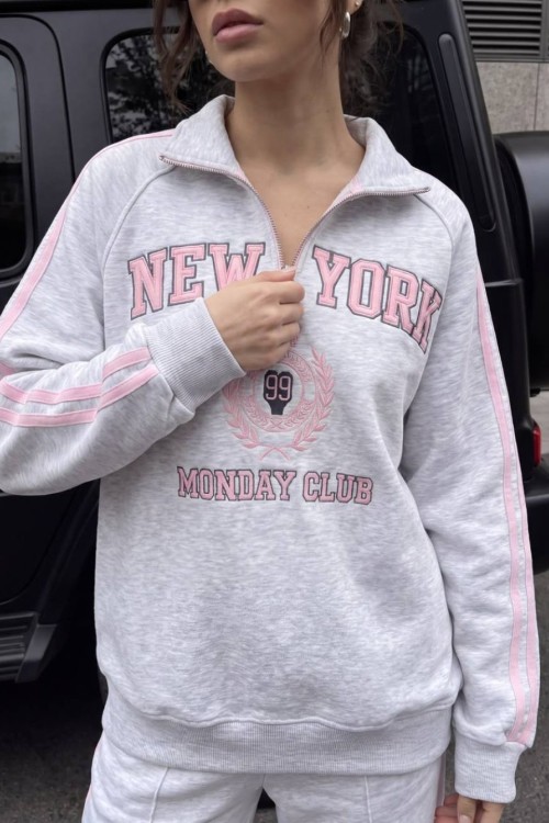 YARIM FERMUAR NEW YORK SWEATSHİRT  Gri