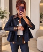 JEAN YAKA DERİ DETAYLI İKİLİ TAKIM  Mavi