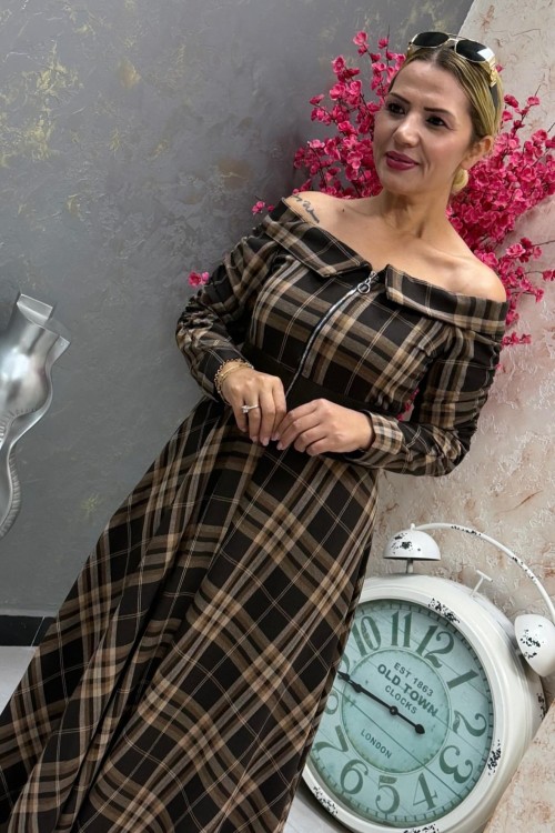 EKOSE DETAY KAYIK YAKA ELBİSE  Acı Kahve