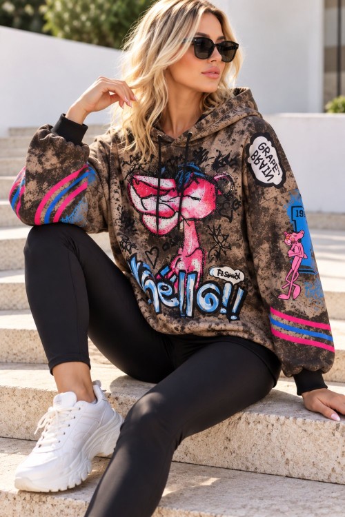 Pembe pantr baskılı kapüşonlu Sweatshirt  Kahverengi