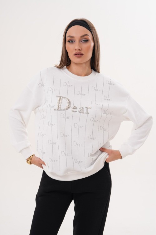 DEAR TAŞ BASKILI SWEATSHİRT  Beyaz