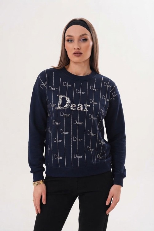 DEAR TAŞ BASKILI SWEATSHİRT  Lacivert