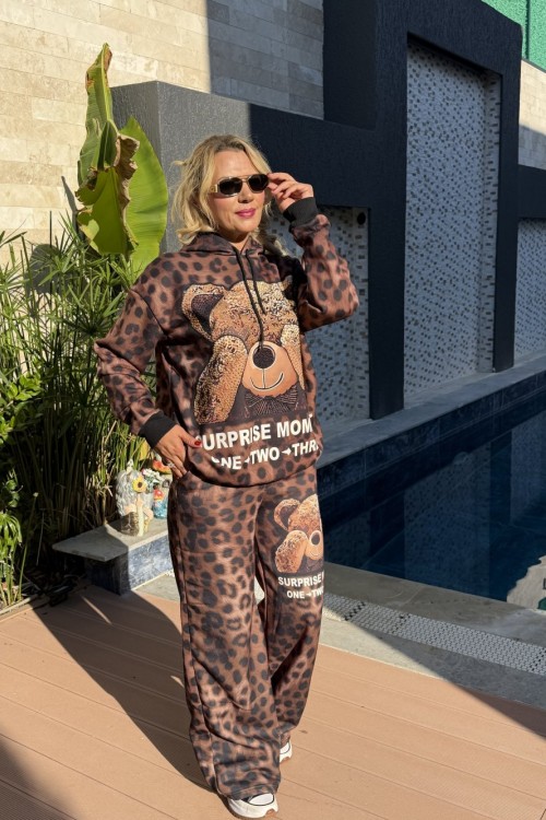 AYICIK BASKI LEOPAR DESEN İKİLİ TAKIM  Kahverengi
