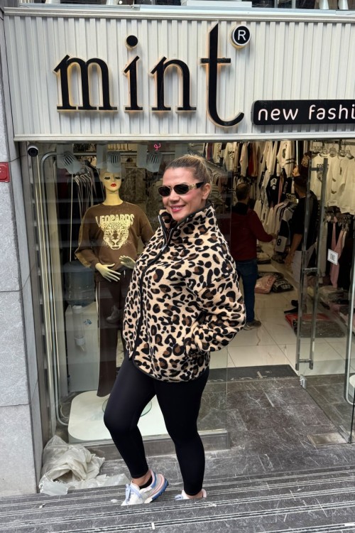 LEOPAR DESENLİ POLAR CEKET Siyah