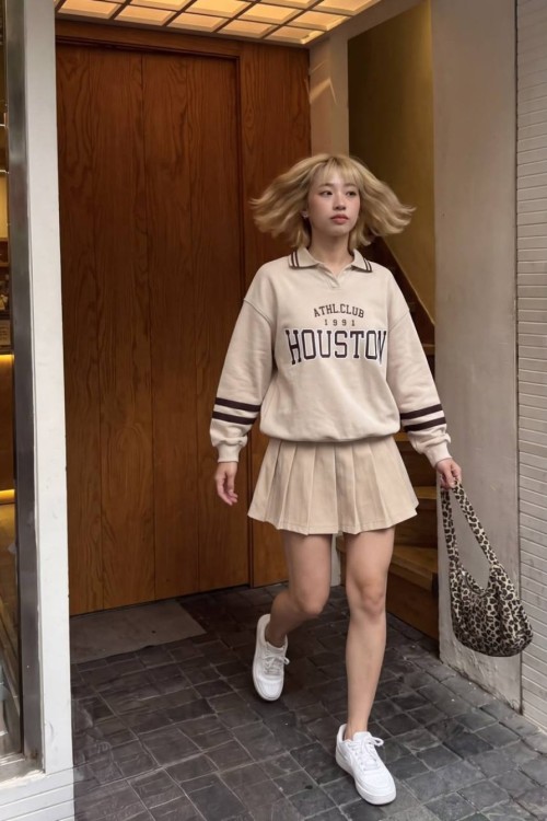 POL YAKA  HOUSTON YAZILI SWEATSHİRT  Bej