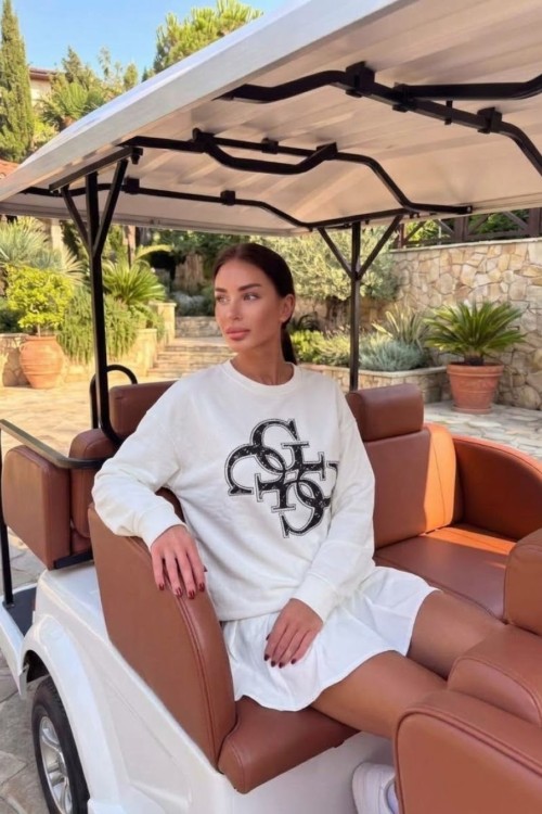 GES İÇ İÇE YAZILI SWEATSHİRT  Beyaz