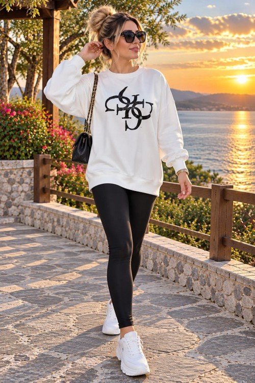 GES İÇ İÇE YAZILI SWEATSHİRT  Beyaz