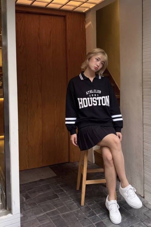 POL YAKA  HOUSTON YAZILI SWEATSHİRT  Siyah