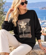 ÇİÇEK BONCUK İŞLEMELİ SWEATSHİRT  Siyah