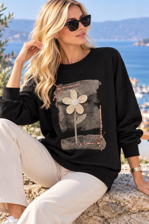 ÇİÇEK BONCUK İŞLEMELİ SWEATSHİRT  Siyah