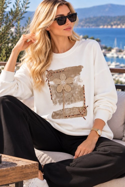 ÇİÇEK BONCUK İŞLEMELİ SWEATSHİRT  Beyaz