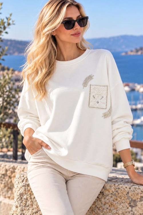 SOL KARE İŞLEME SWEATSHİRT  Beyaz