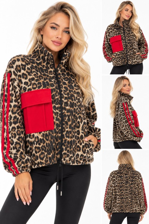 Kaşe leopar ceket Kırmızı şeritli Leopar