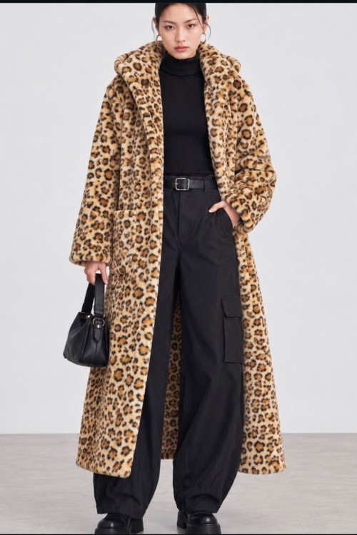 LEOPAR DESEN KÜRK PALTO Siyah