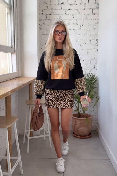 KOLLAR LEOPAR DESEN SWEATSHİRT  Siyah