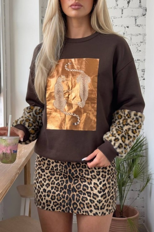 KOLLAR LEOPAR DESEN SWEATSHİRT  Kahverengi