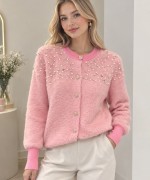OMUZ TAŞ VE BONCUK İŞLEMELİ PELUŞ CEKET Pembe