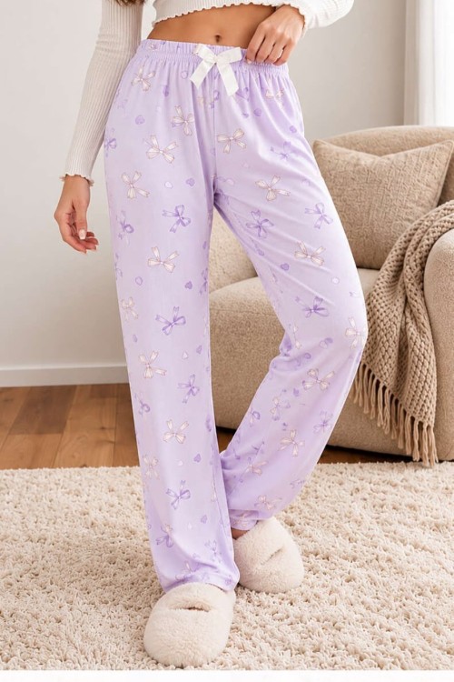Fiyonk baskılı pijama altı Lila
