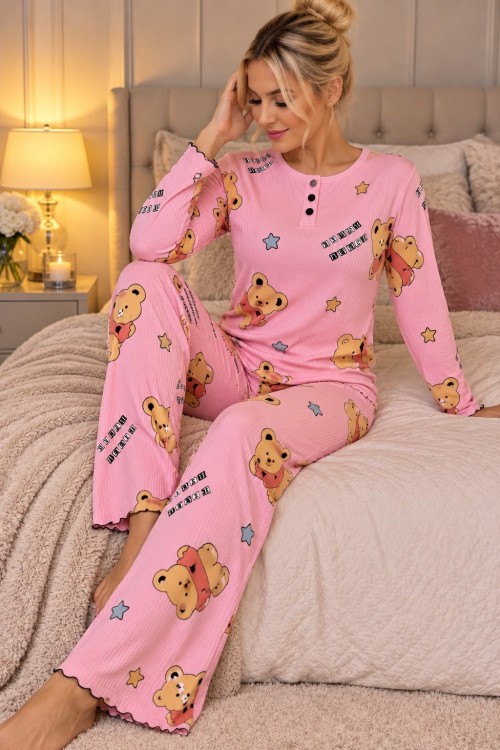 Fitilli berlin kumaş pijama takımı Pembe