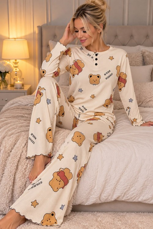 Fitilli berlin kumaş pijama takımı Bej