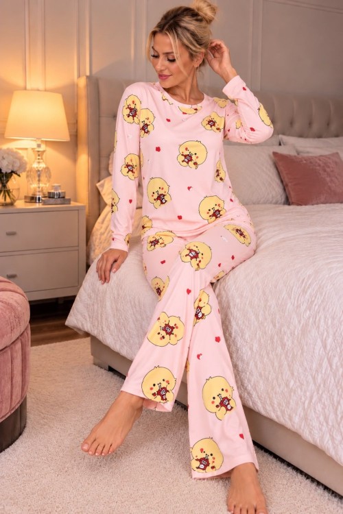 SARI CİVCİVLİ PİJAMA TAKIMI  Pembe