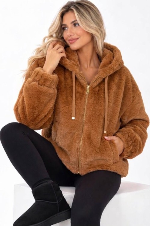 KAPŞONLU İthal peluş mont Camel