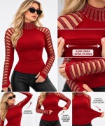 FULL TAŞ İŞLEMELİ ÖZEL TASARIM BLUZ  Kırmızı