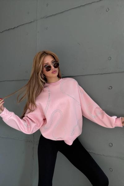 FULL ZIMBA İŞLEMELİ DALGA DETAY ŞARDONSUZ SWEAT 65 CM  Pembe