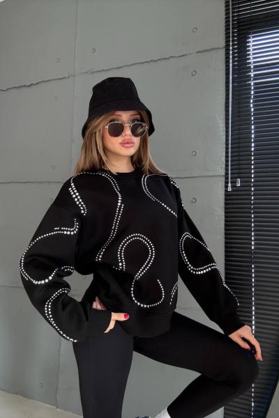 FULL ZIMBA İŞLEMELİ DALGA DETAY ŞARDONSUZ SWEAT 65 CM  Siyah