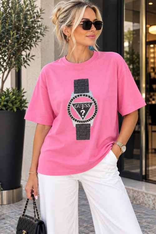 GES SAAT DESENLİ TİŞÖRT Pembe
