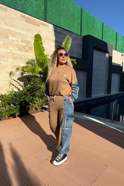 JEAN DETAY İKİLİ TASARIM TAKIM Sütlü Kahve