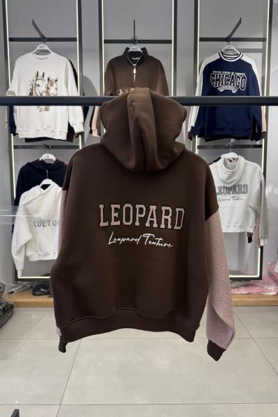 LEOPARD TEXTURE KAPŞONLU ŞARDONLU SWEAT Acı Kahve