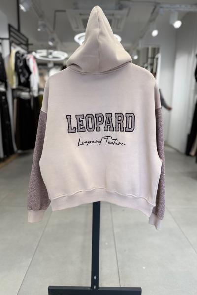 LEOPARD TEXTURE KAPŞONLU ŞARDONLU SWEAT Bej