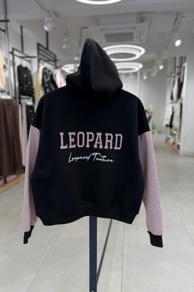 LEOPARD  KAPŞONLU ŞARDONLU SWEAT Siyah