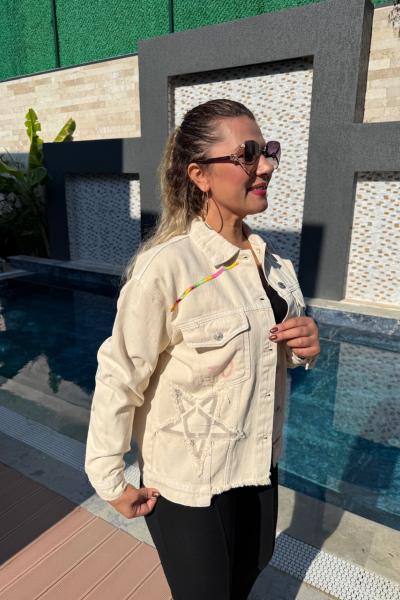 NEVER YAZILI TASARIM KOT CEKET Krem