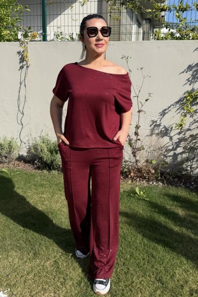 SİMLİ KAYIK YAKA İKİLİ TAKIM  Bordo