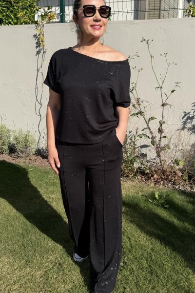 SİMLİ KAYIK YAKA İKİLİ TAKIM  Siyah