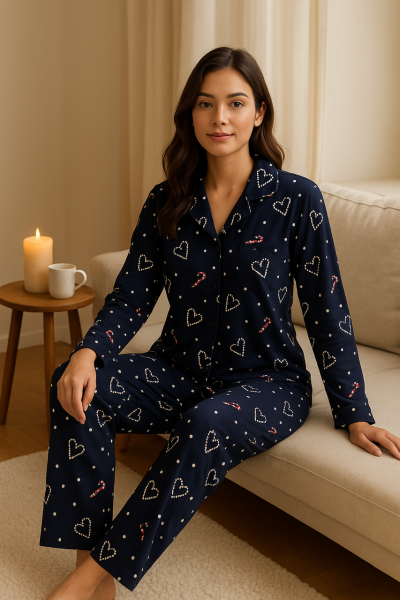 SÜET KUMAŞ KALPLİ FİYONKLU PİJAMA TAKIMI Lacivert