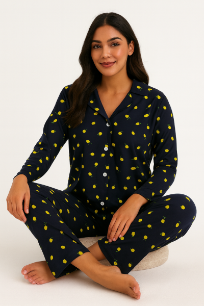 SÜET KUMAŞ LİMON BASKI PİJAMA TAKIMI Siyah