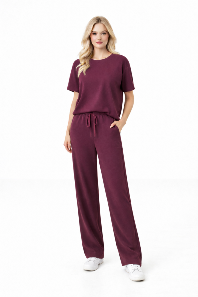 YUVARLAK YAKA MODAL KUMAŞ İKİLİ TAKIM  Mürdüm